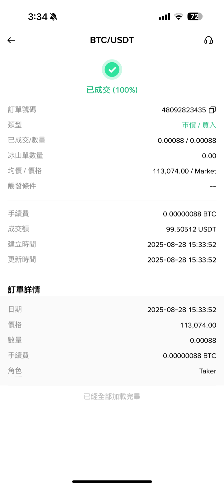 幣安訂單詳情：已成交 100%、市價買入 0.00088 BTC、手續費