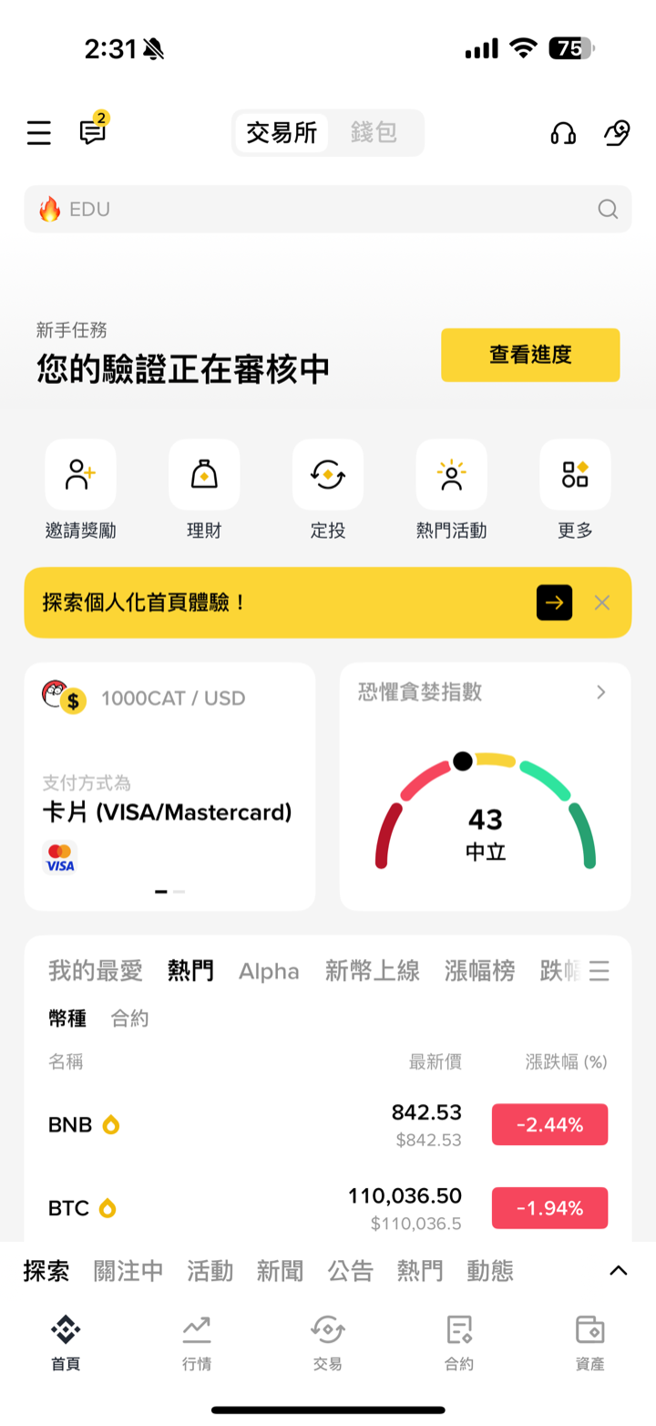 幣安 App 首頁顯示「您的驗證正在審核中」與查看進度按鈕