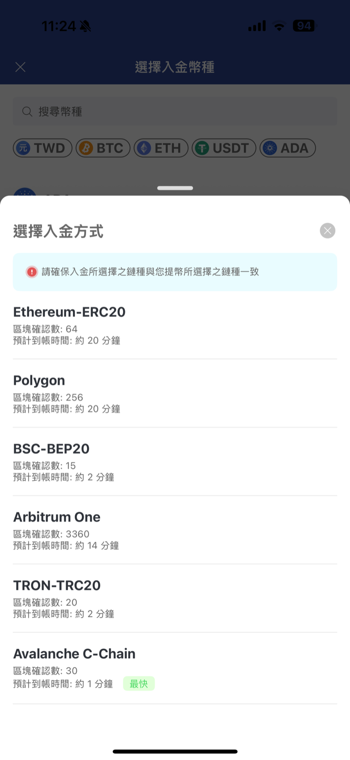MAX 選擇入金方式：各鏈確認數與到帳時間，提醒入金鏈種與提幣鏈種一致