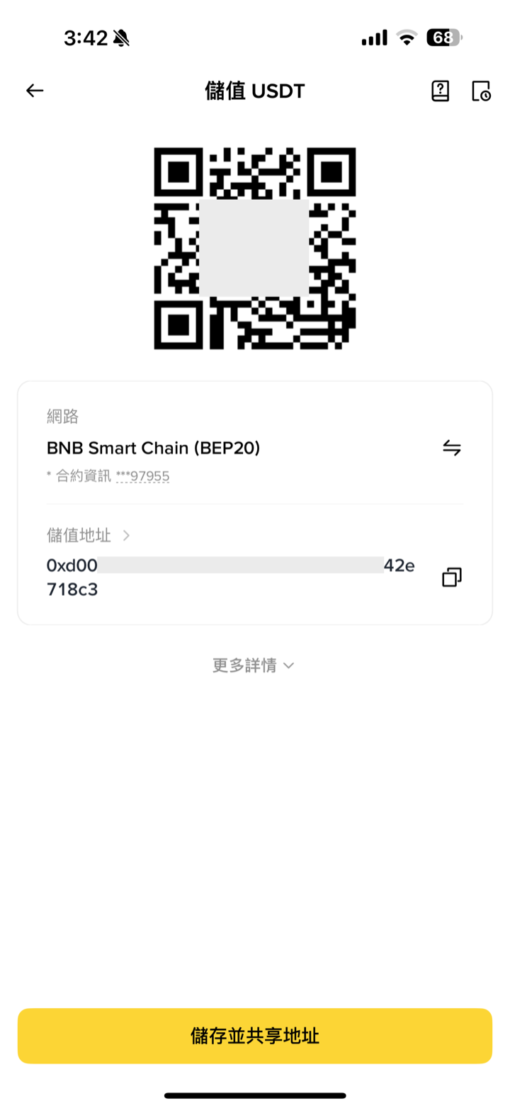 幣安 USDT 儲值頁顯示 BEP20 網路與儲值地址、QR Code